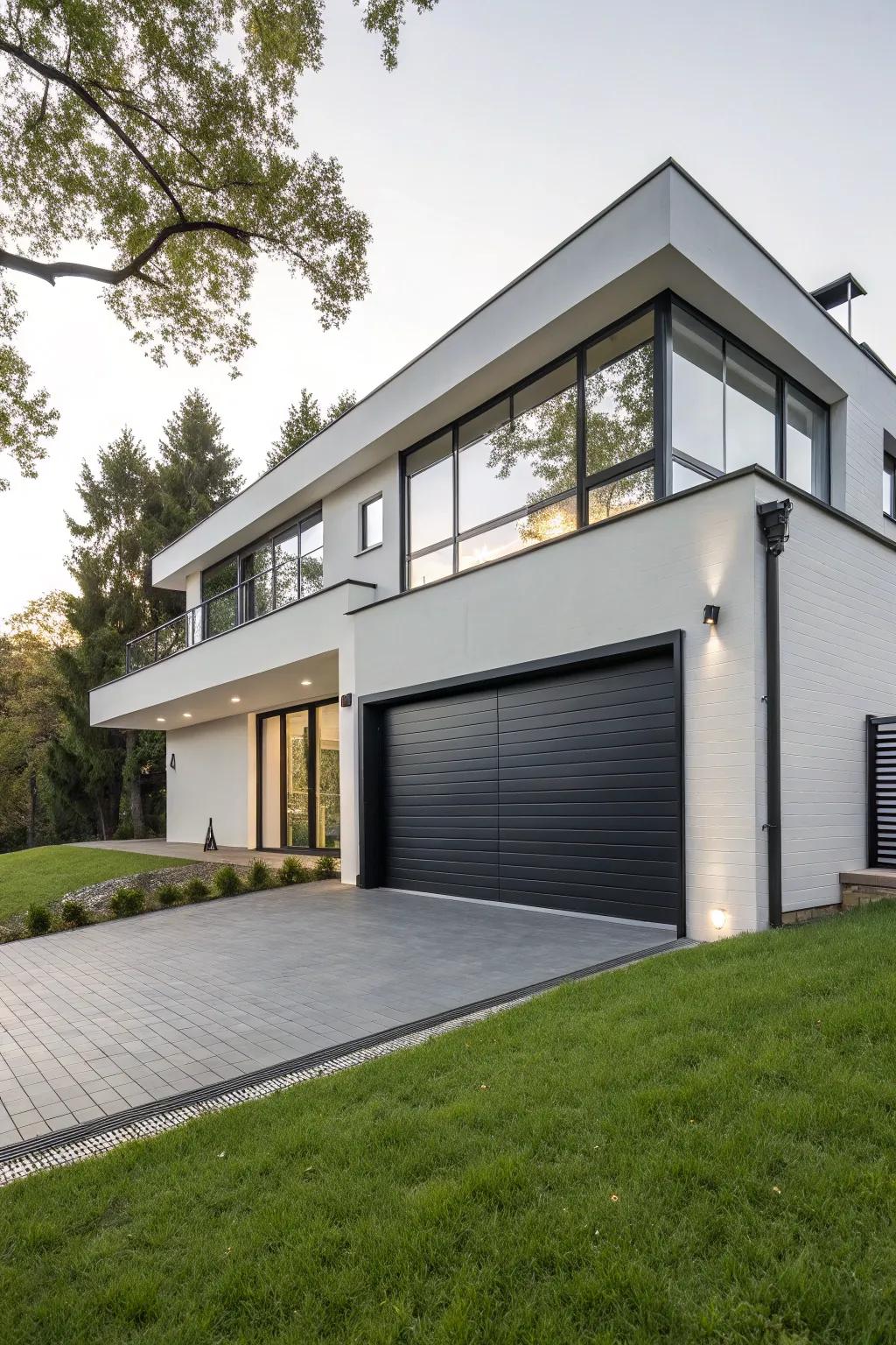 A well-integrated garage that complements the duplex's modern architecture.