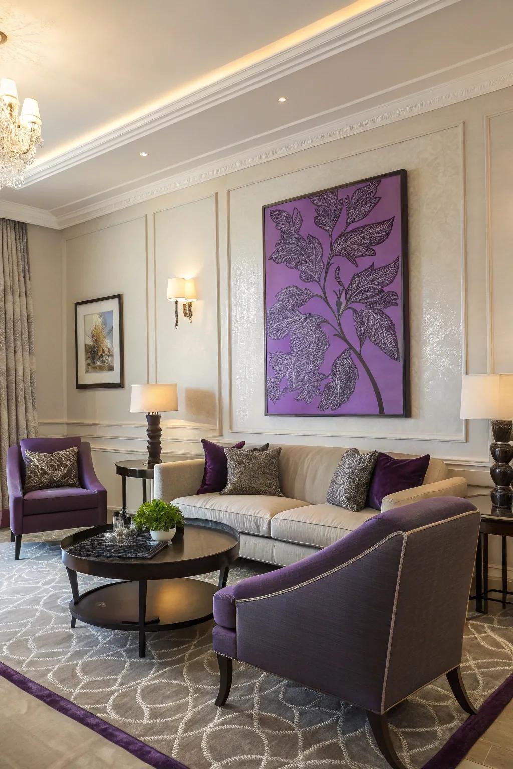 Purple artwork serving as a focal point in the living room.