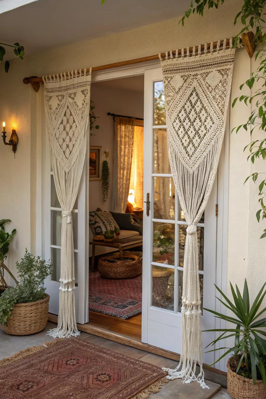 MacramÃ© curtains adding bohemian style and texture to French doors.