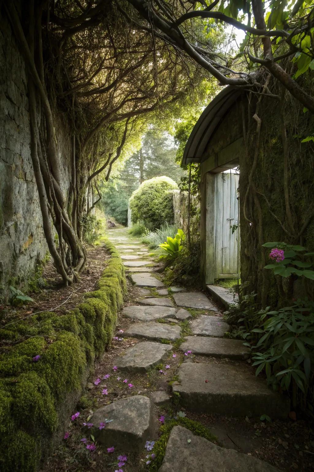 A secret stone walkway to a hidden garden retreat.