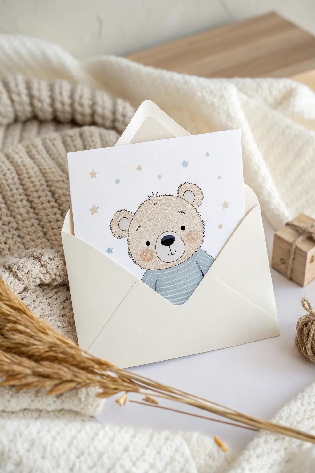 Peek-a-boo! This charming teddy bear card brings joy and surprise to your little one's special day.