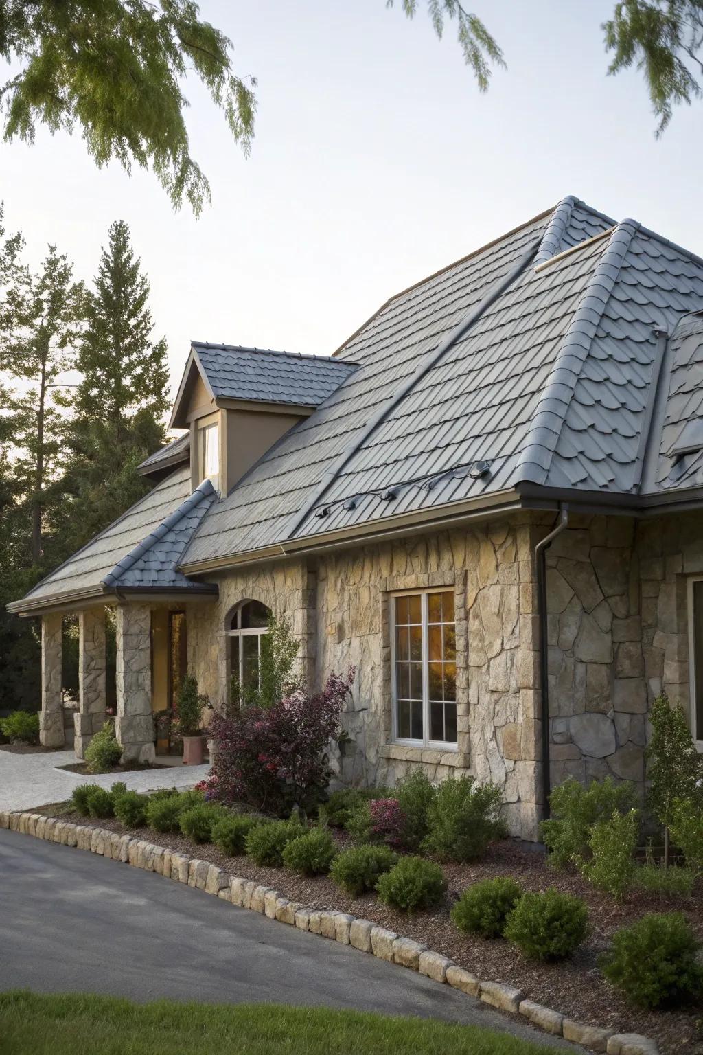 A textured stone-coated metal roof on a home.