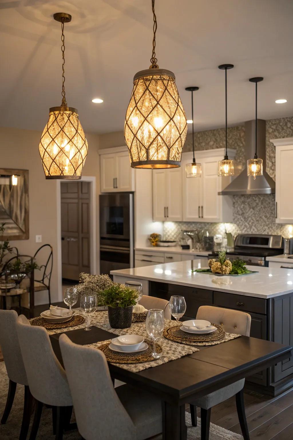 Stylish pendant lights that add elegance to the dining space.