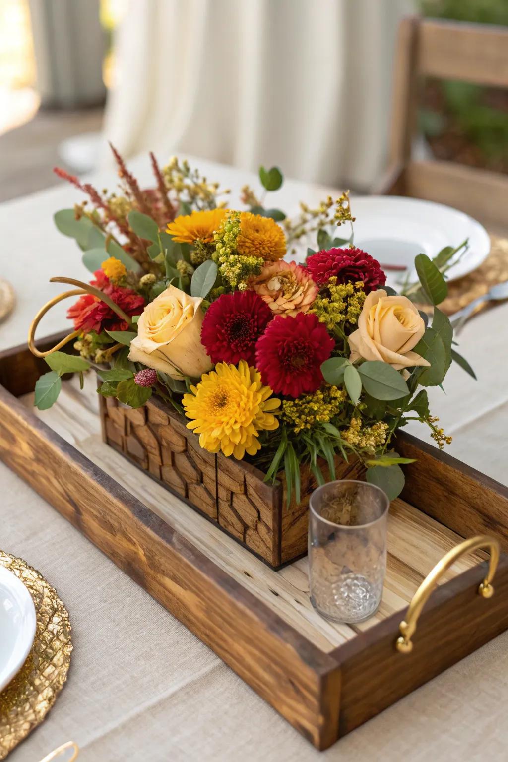A rustic centerpiece with a wooden tray and gold accents.