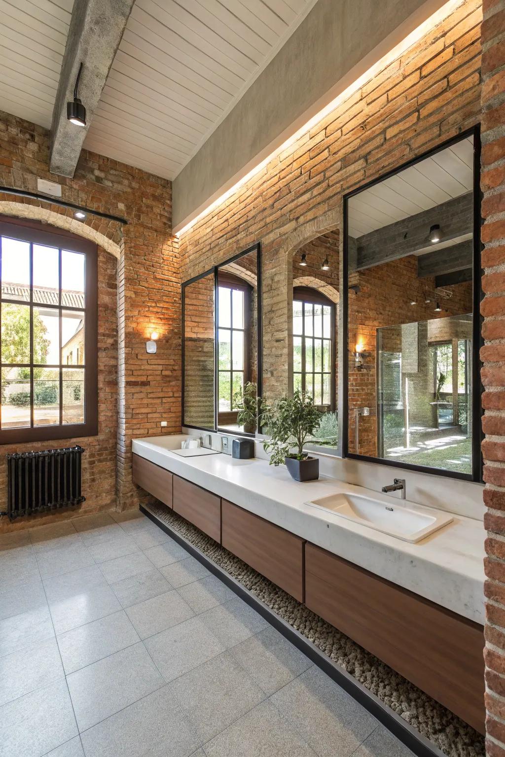 Mirrors enhance the beauty and light of brick-walled bathrooms.