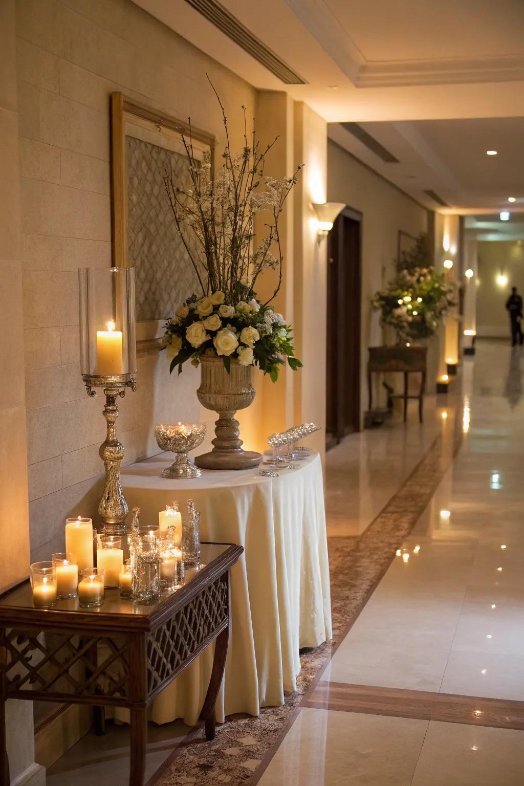 Candles offer warmth and elegance to the entry decor.