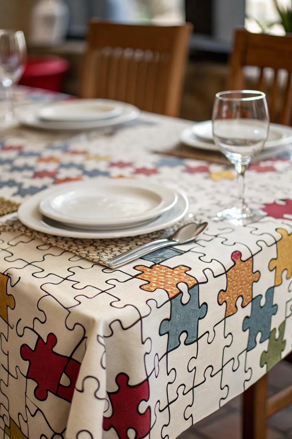 A puzzle piece tablecloth creates a cohesive decorative theme.