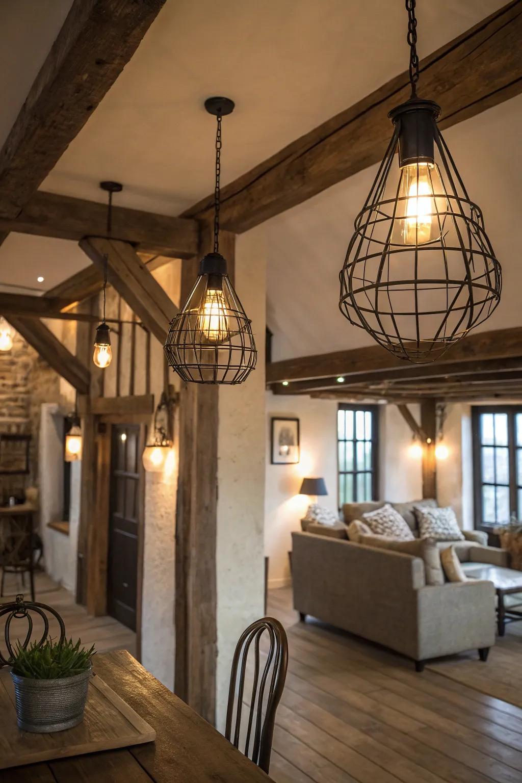 Industrial cage lights provide a modern twist on farmhouse lighting.