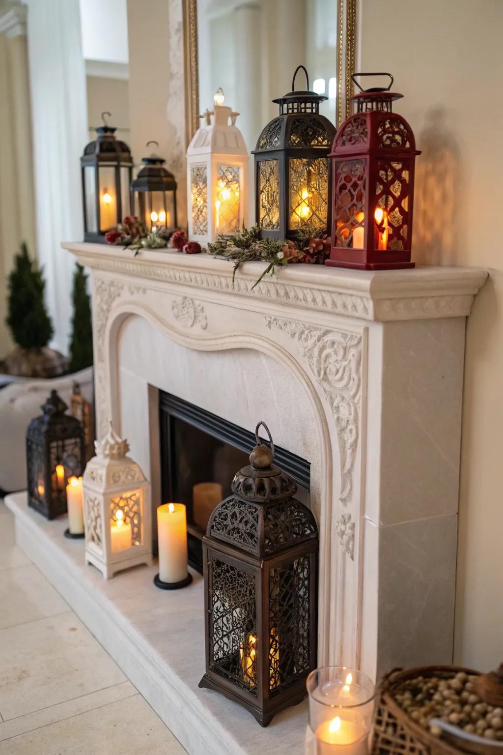 Lanterns on the mantel create a magical and cozy ambiance.