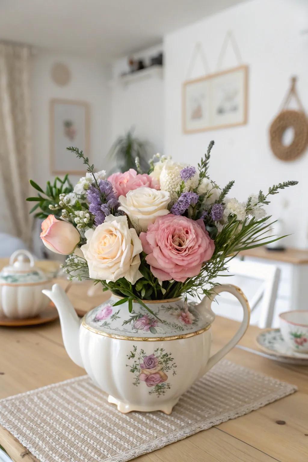 Elevate your tea party with a charming floral teapot centerpiece, blending Scandinavian minimalism with boho flair!