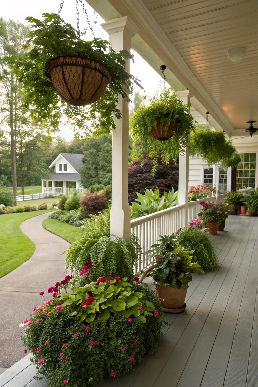 Abundant greenery bringing life to a spacious front porch.