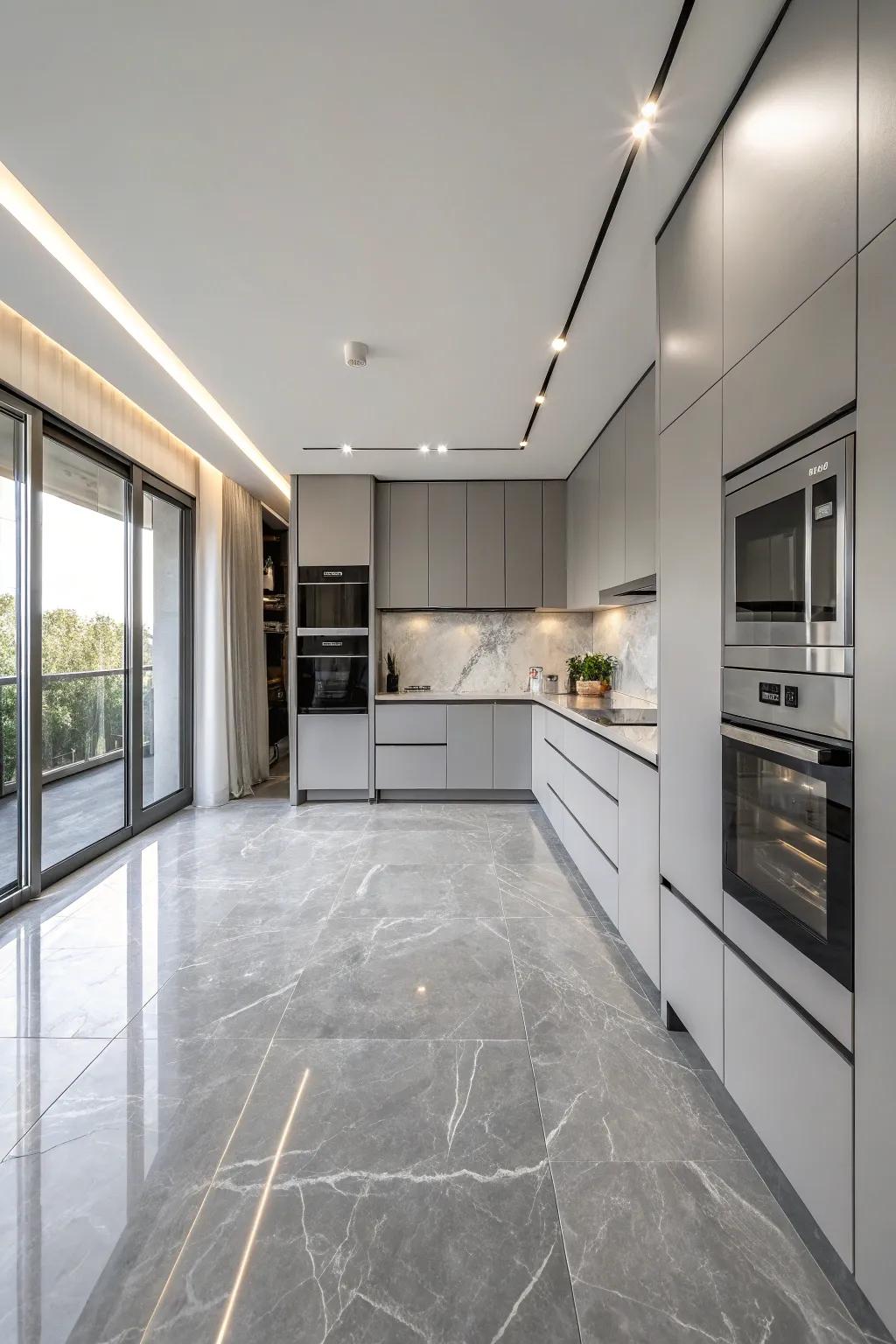 A minimalist kitchen featuring versatile grey marble floors and sleek appliances.